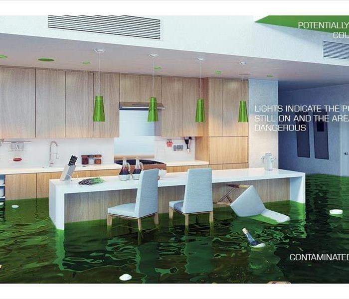 Residential kitchen flooded demonstrating potential hazards such as unstable ceilings, electricity and contaminated water.